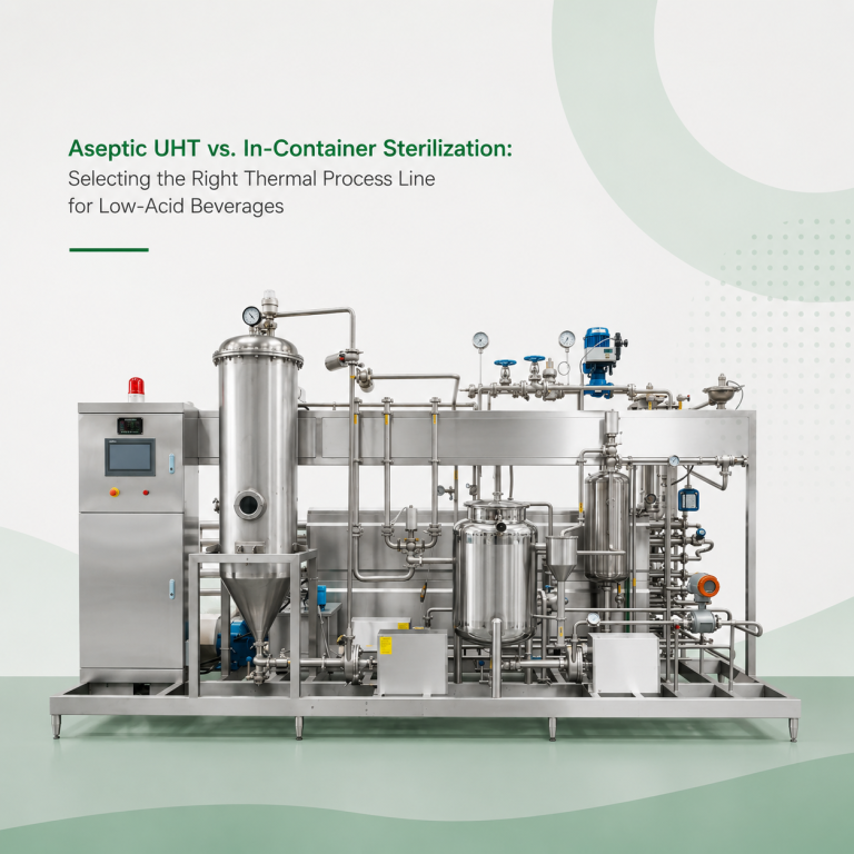 Aseptic UHT thermal process line for low-acid beverage sterilization with stainless steel tanks, pipes, valves, and green minimalist background.