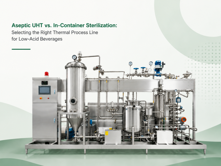 Aseptic UHT thermal process line for low-acid beverage sterilization with stainless steel tanks, pipes, valves, and green minimalist background. (3)