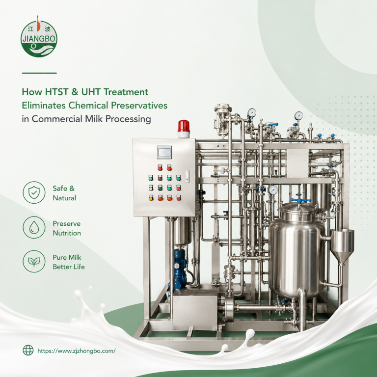JIANGBO HTST and UHT commercial milk processing equipment blog cover with green minimalist design and preservative-free dairy production theme.