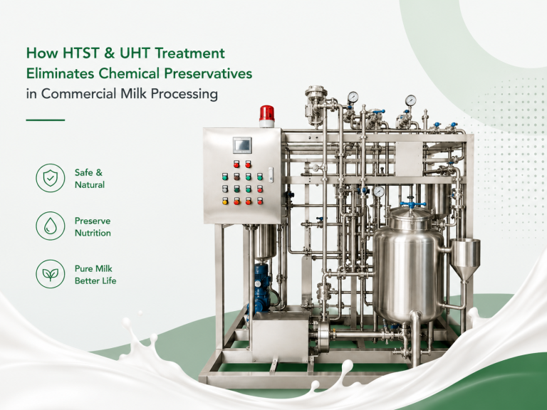 JIANGBO HTST and UHT commercial milk processing equipment blog cover with green minimalist design and preservative-free dairy production theme