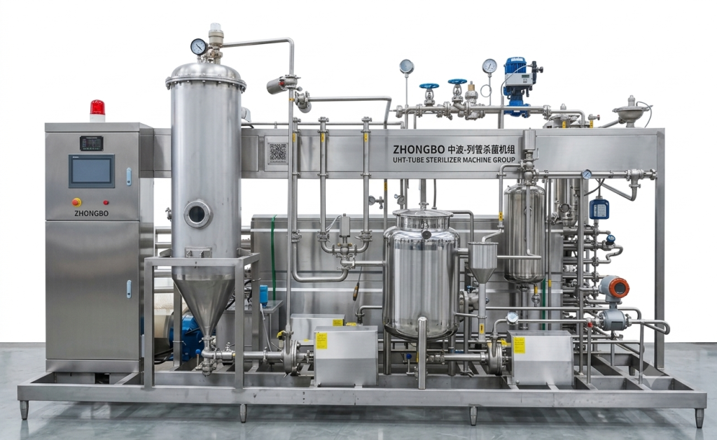 ZHONGBO Sanitary UHT Tube Sterilizer Machine Group with PLC Control Panel and Conical Degasser