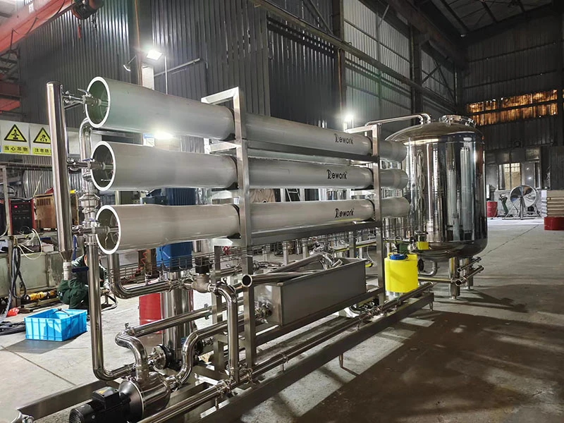 Close-up view of Zhongbo RO membrane housing assembly with Lewox branded pressure vessels and stainless steel frame